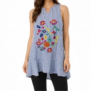 Striped Floral Embroidered Short Sleeve Top